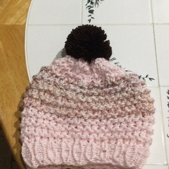 Handmade Pink and Brown Knit Beanie with Pom-Pom - Picture 6 of 6